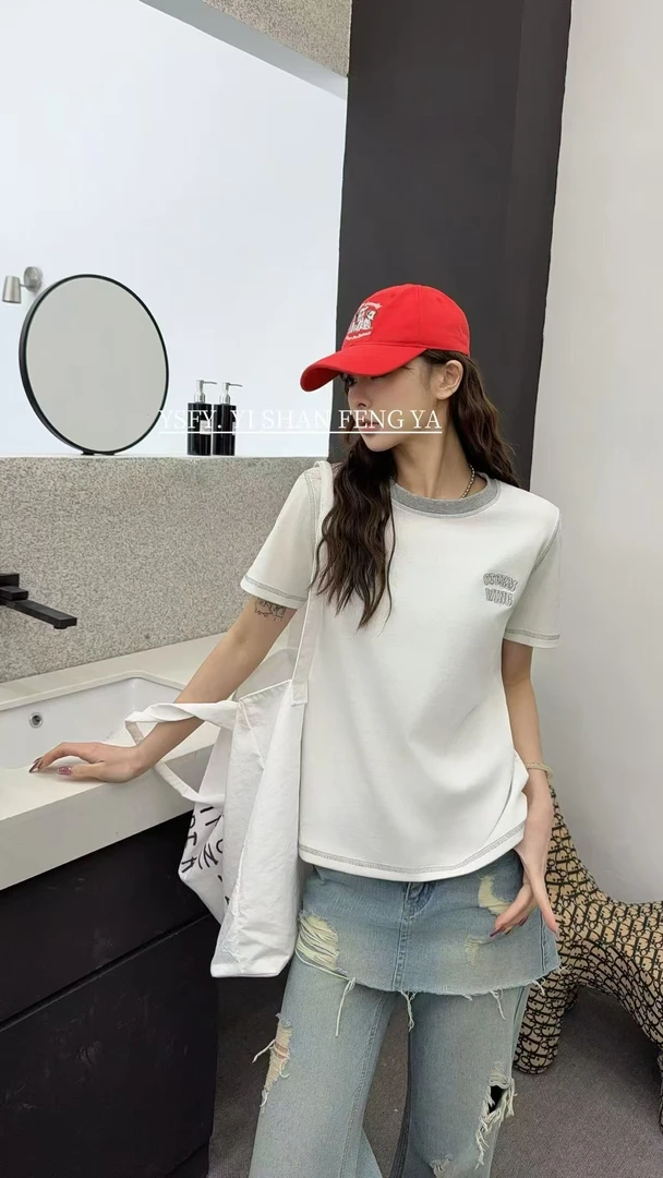 7609女款灰边时尚休闲百搭短袖小白T恤