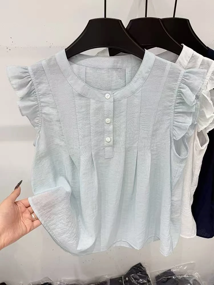 2025夏季新款韩版时尚百搭圆领无袖拼接荷叶边设计感显瘦衬衫上衣