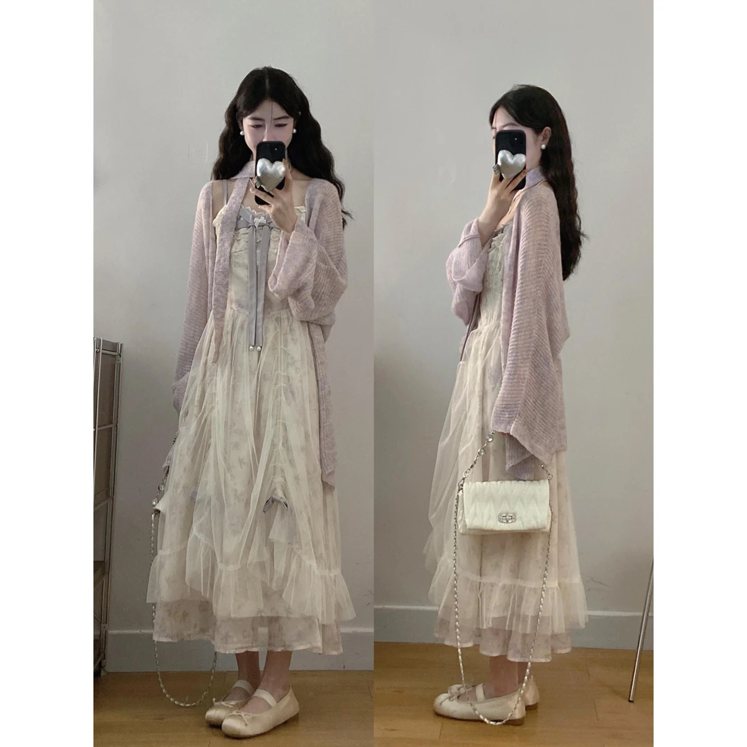 8376#幽兰浮梦超仙绝绝紫碎花抽褶网纱连衣裙＋毛衣套装仙女裙