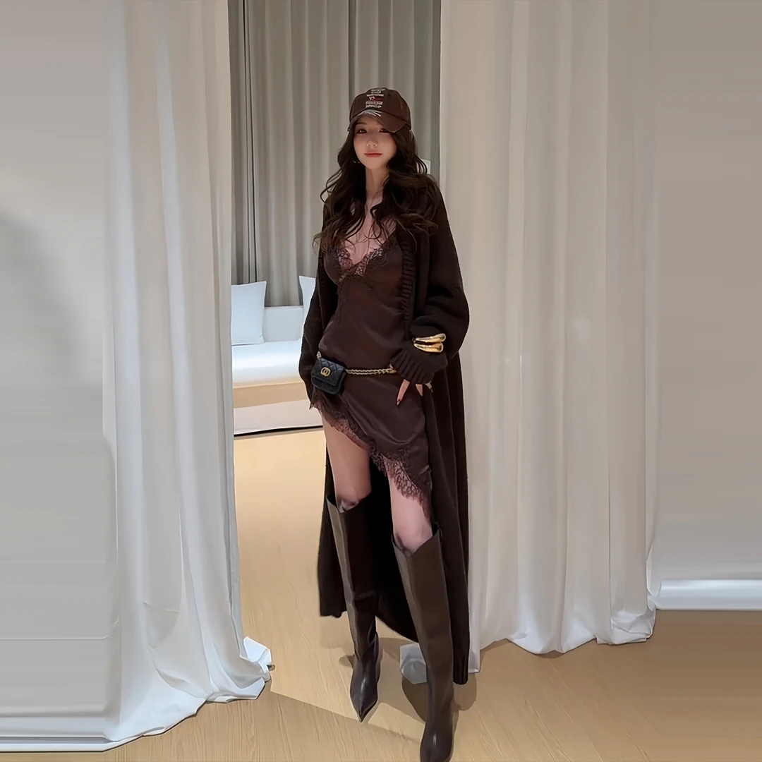 韩系慵懒风高级感长款针织开衫女装秋季蕾丝镂空不规则短裙两件套