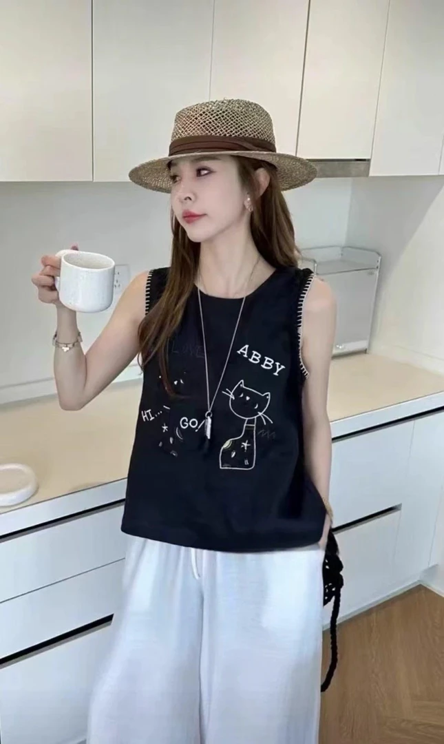 复古风趣味猫咪明线刺绣麻料衬衫2893