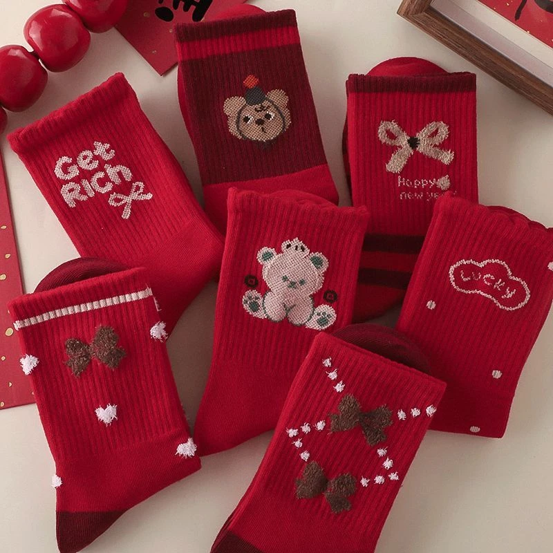 儿童红袜子女童中筒袜秋冬款保暖大红袜潮本命年新年喜庆红色长袜