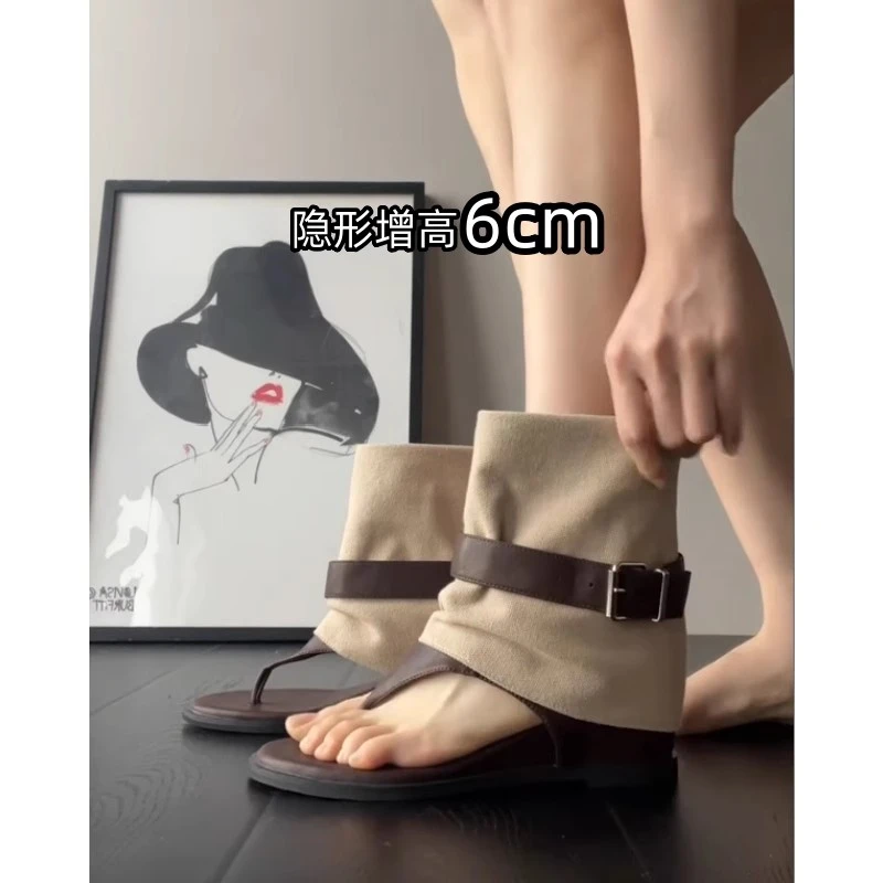 法式内增高夹趾凉靴女2025新款夏季裤管靴人字拖夹脚靴子凉鞋短筒