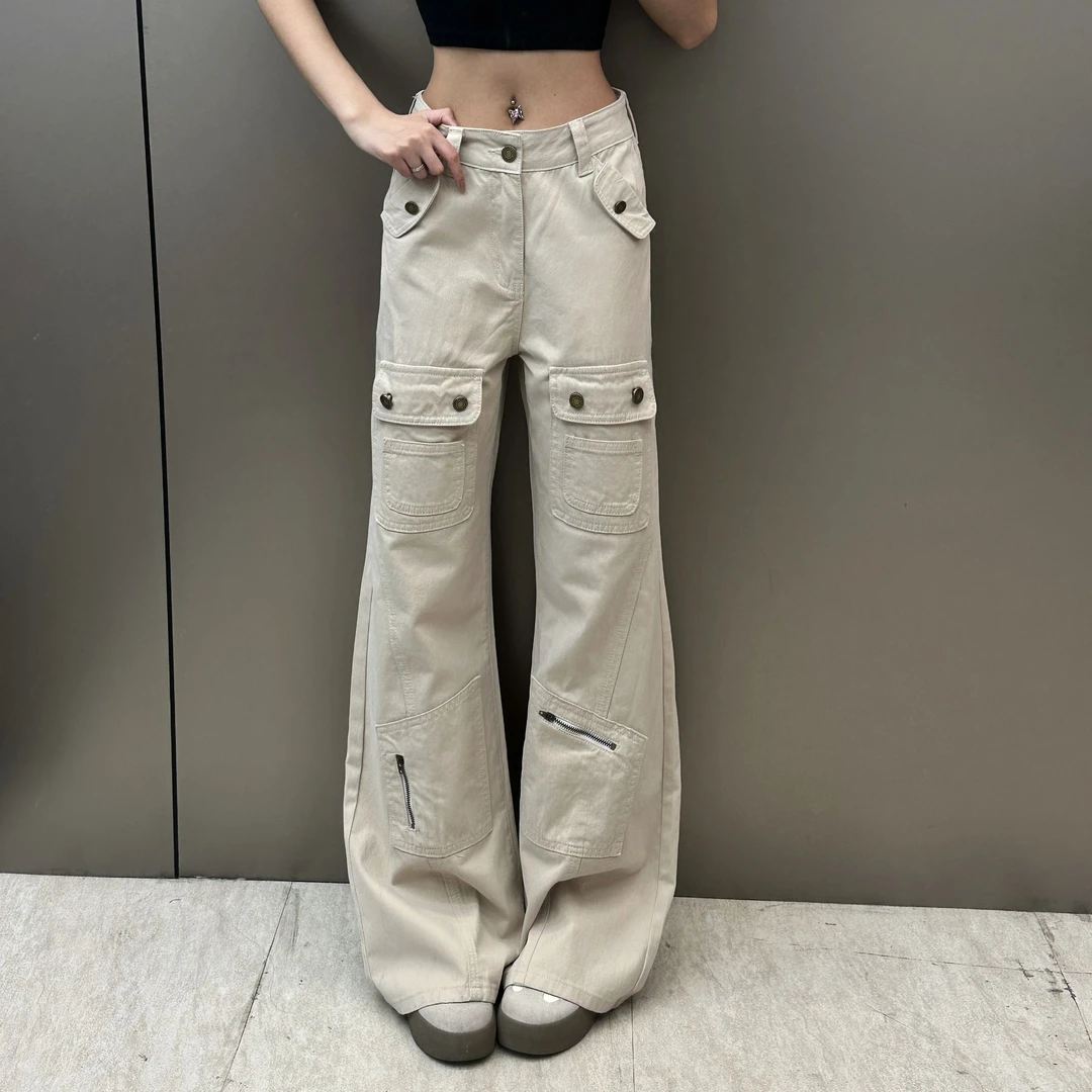 2025春款美式设计感多口袋新款时尚显瘦中低腰牛仔工装裤女Y5021