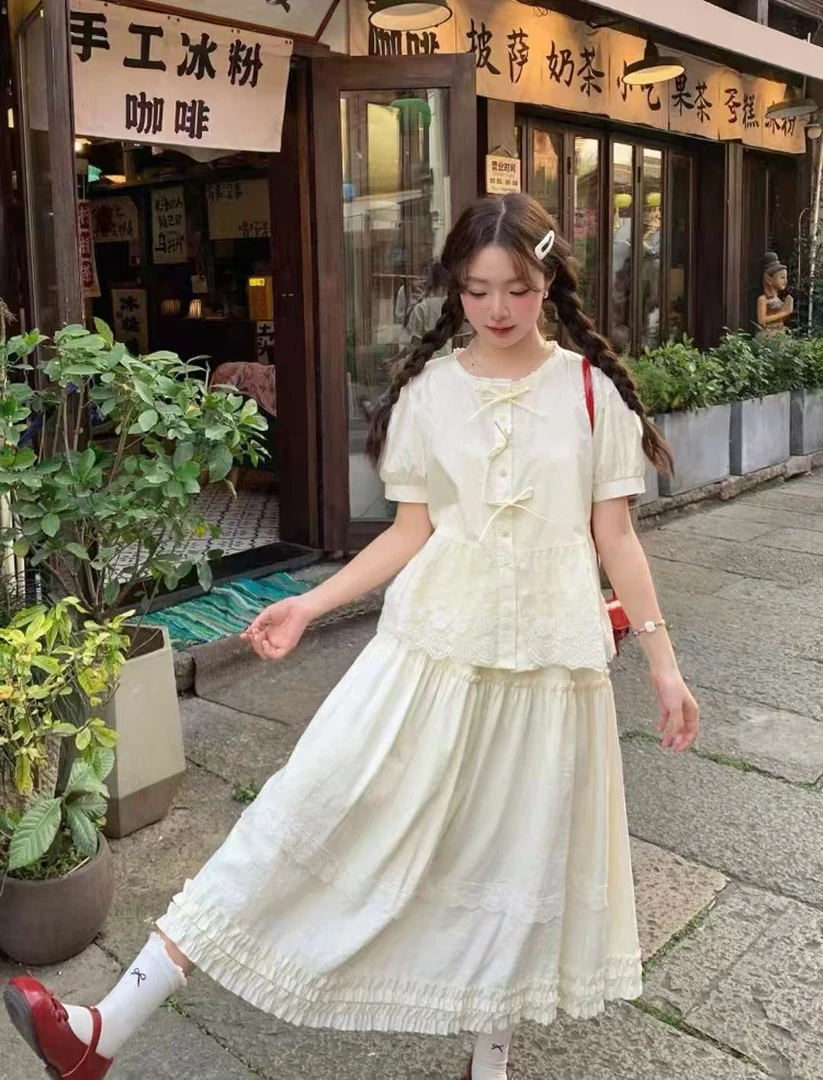 复古短袖衬衫女蕾丝边上衣小个子白色半身裙子套装