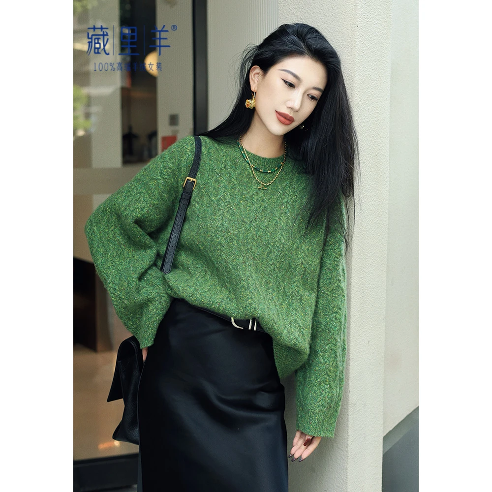 藏里羊【油画手工羊绒衫】圆领麻花山羊绒套头上衣M1151