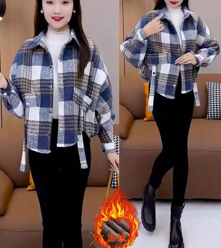 808#蝙蝠袖加绒格子衬衫外套女休闲时尚百搭洋气秋冬