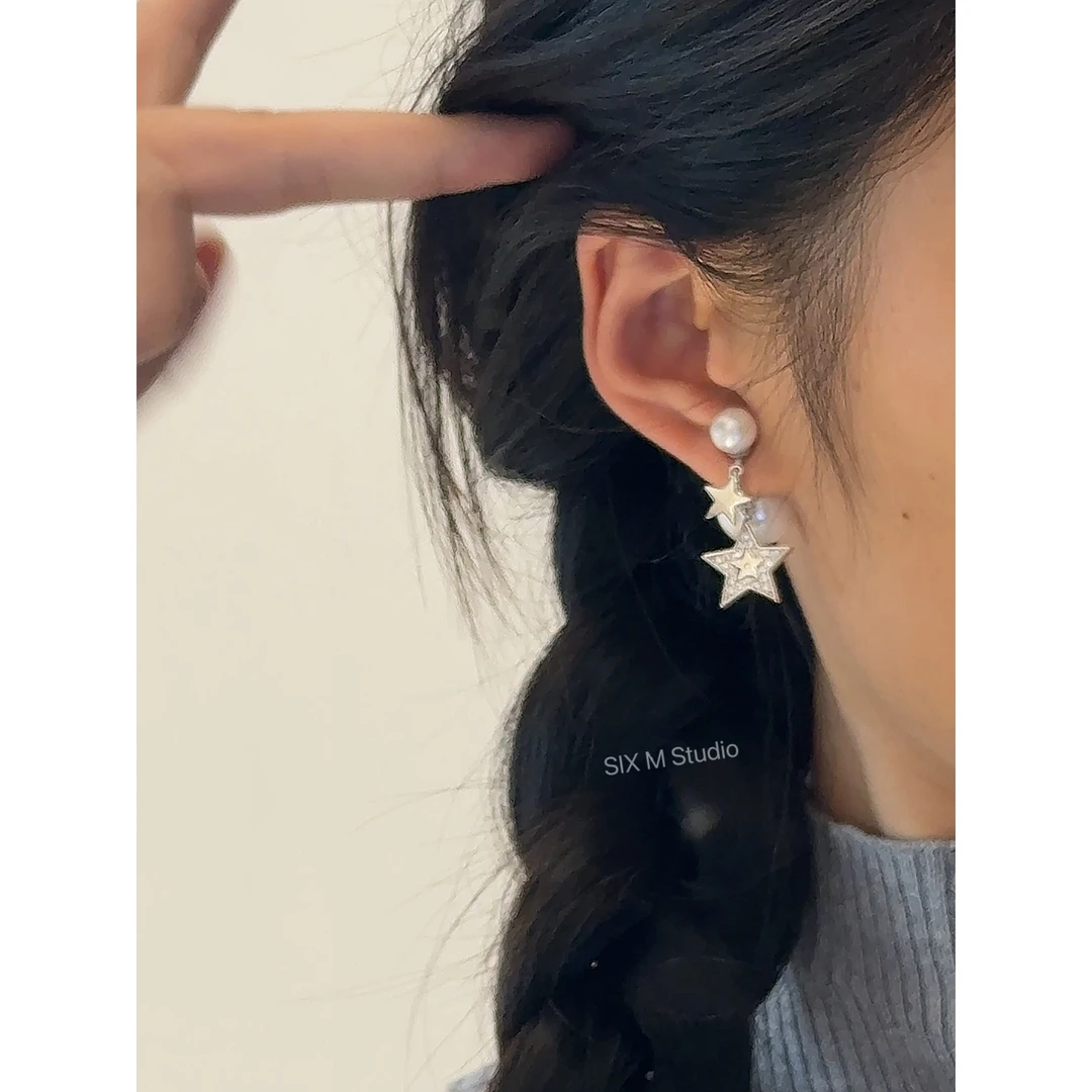 合金耳饰 耳饰无耳洞星星珍珠前后挂耳夹小众设计一体式蚊香盘