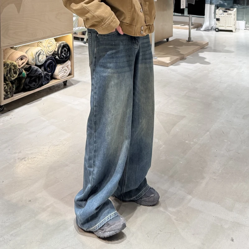 秋冬休闲设计感直筒加绒牛仔裤阔腿裤水洗 LF25405