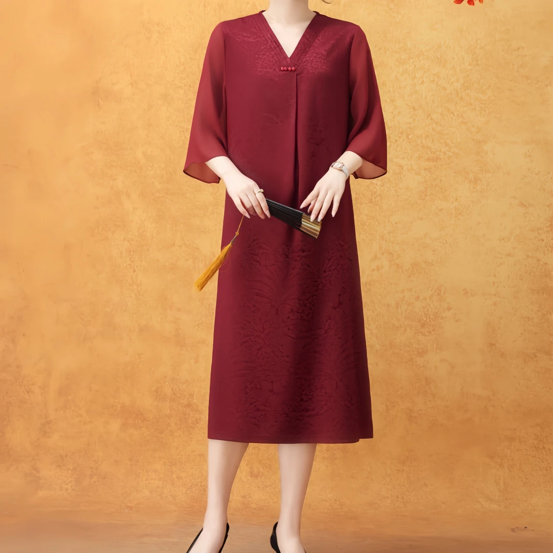 52306  优雅喇叭袖夏季气质名媛连衣裙提花中国风连衣裙