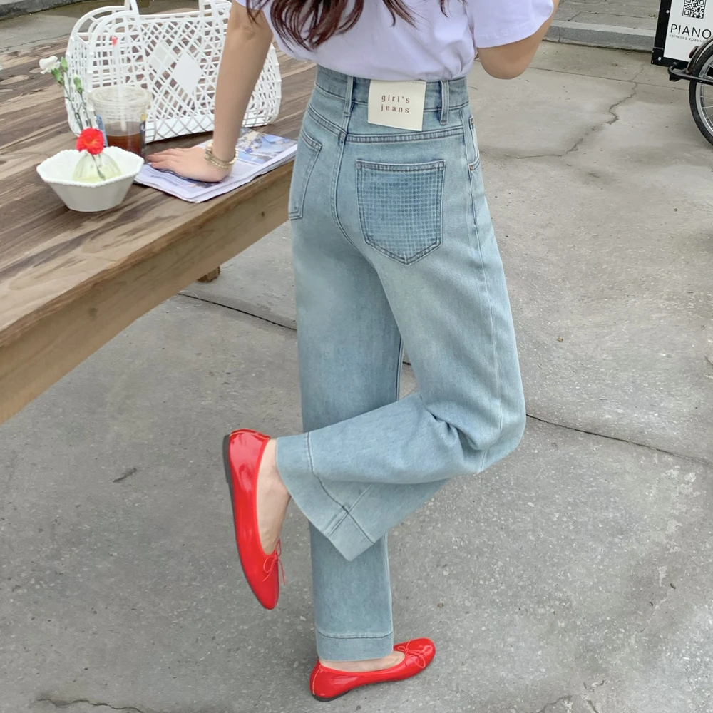 小个子夏季高腰阔腿直筒微喇叭牛仔裤女宽松不贴腿九分筒喇裤薄款