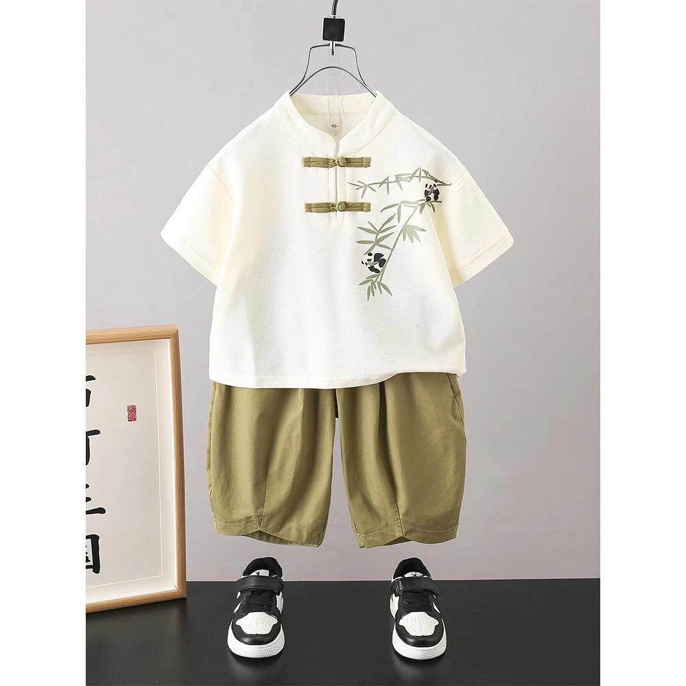 新中式男童汉服夏季短袖套装小少爷中国风儿童唐装熊猫男宝宝衣服