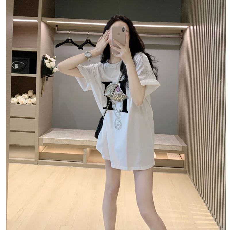 欧货白色时髦短袖t恤女装2025年夏季宽松重工减龄中长款半袖上衣