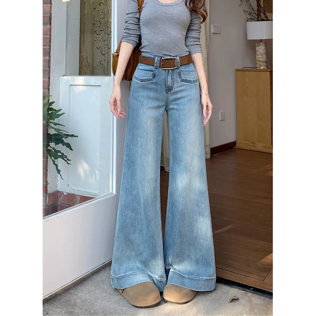 高腰宽松阔腿裤百搭牛仔裤女夏季复古蓝色拖地裤直筒长裤微喇叭裤