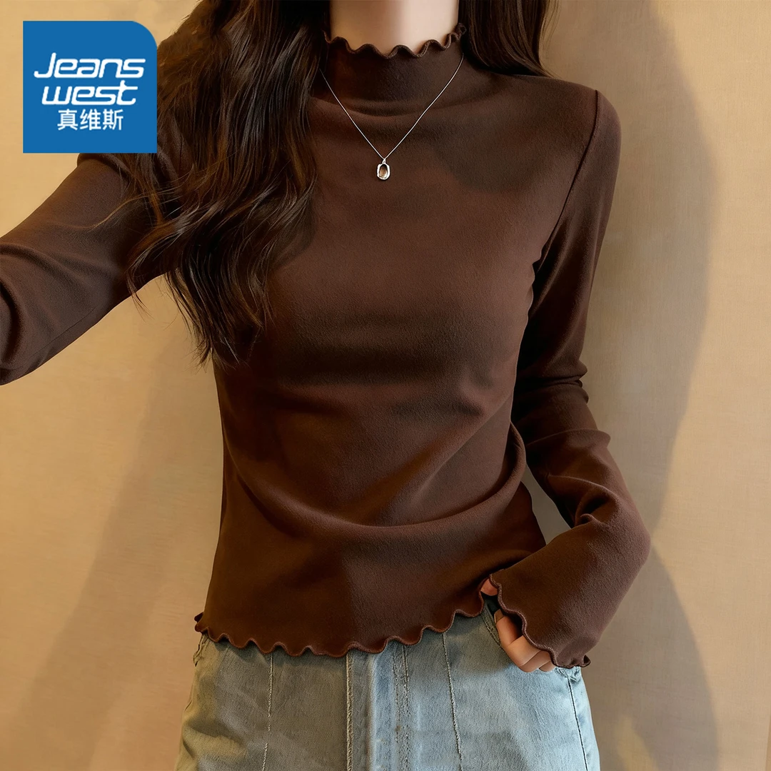 真维斯 打底衫女2025新款冬绒德木耳边半高领内搭长袖可外穿上衣