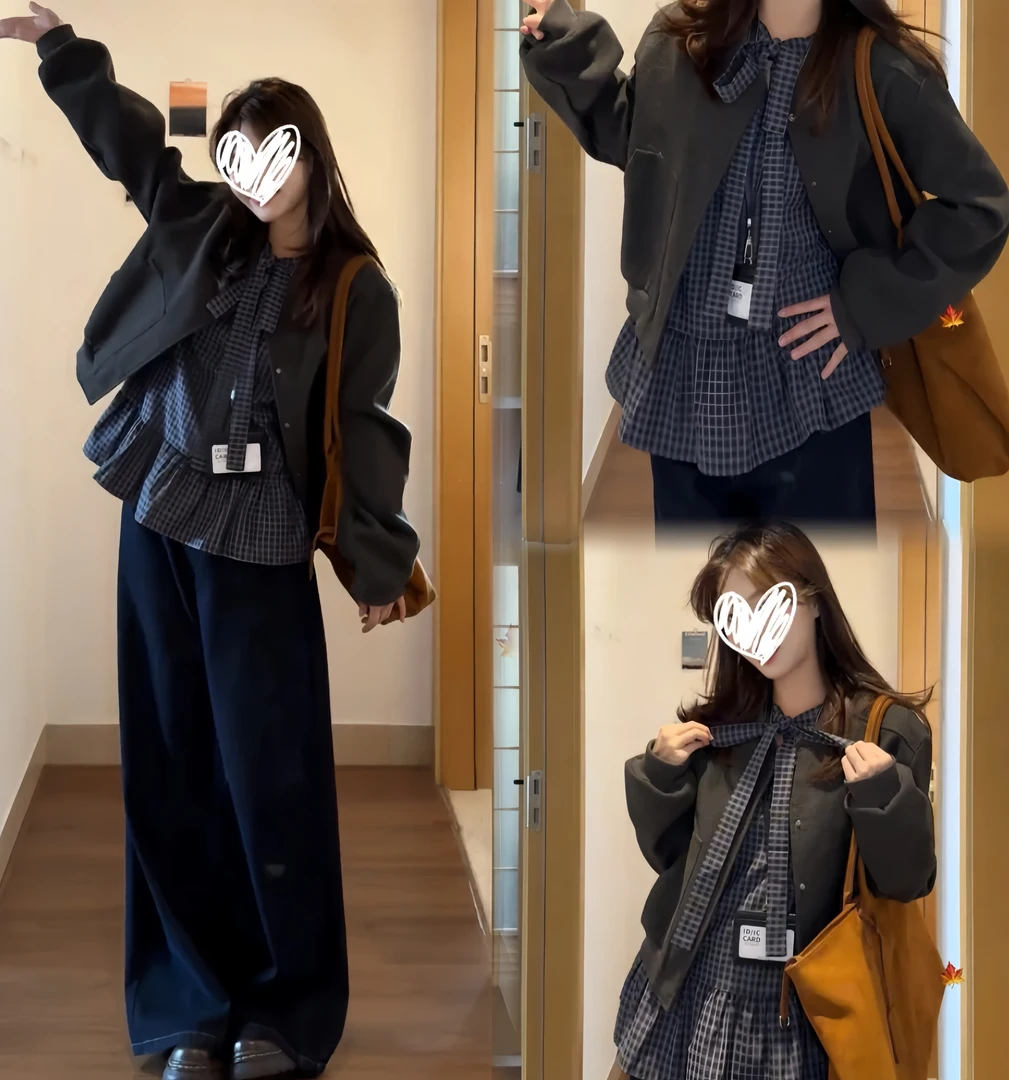 蔓蔓  学院风时尚套装少女风轻职风外套90325+ins风格纹衬衫90326