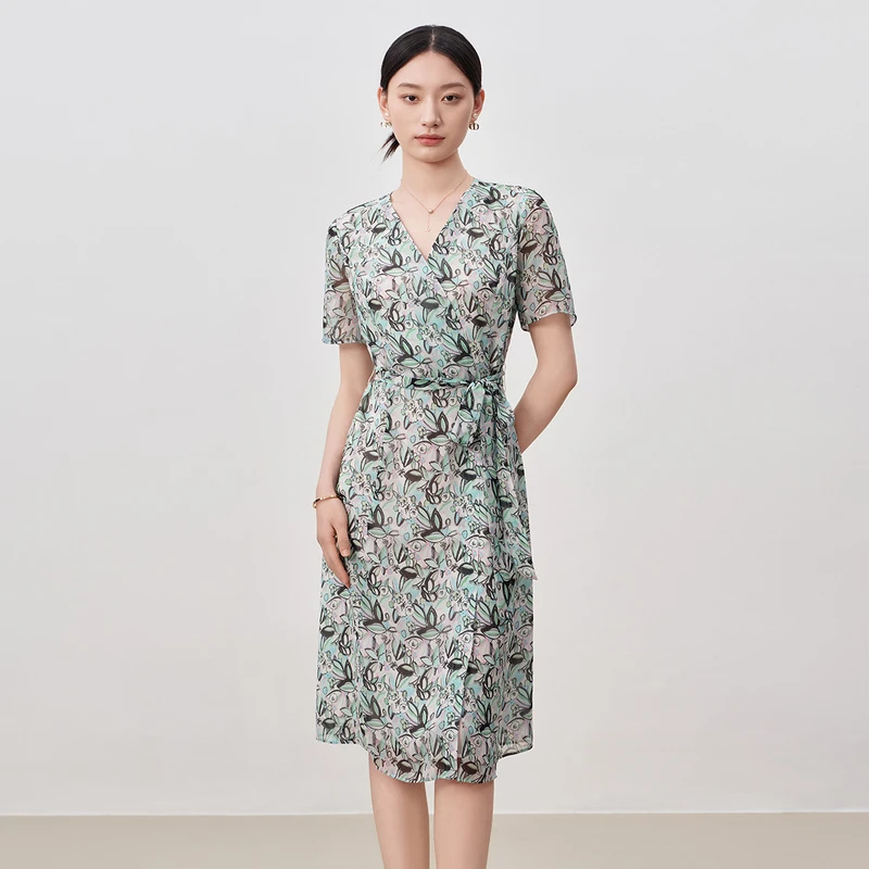 dunnu敦奴夏季新款显瘦一片式法式V领雪纺印花连衣裙8T250980