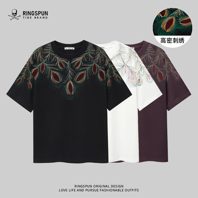 七彩羽毛男女同款重磅280g纯棉刺绣短袖T恤男夏季新款男士半袖