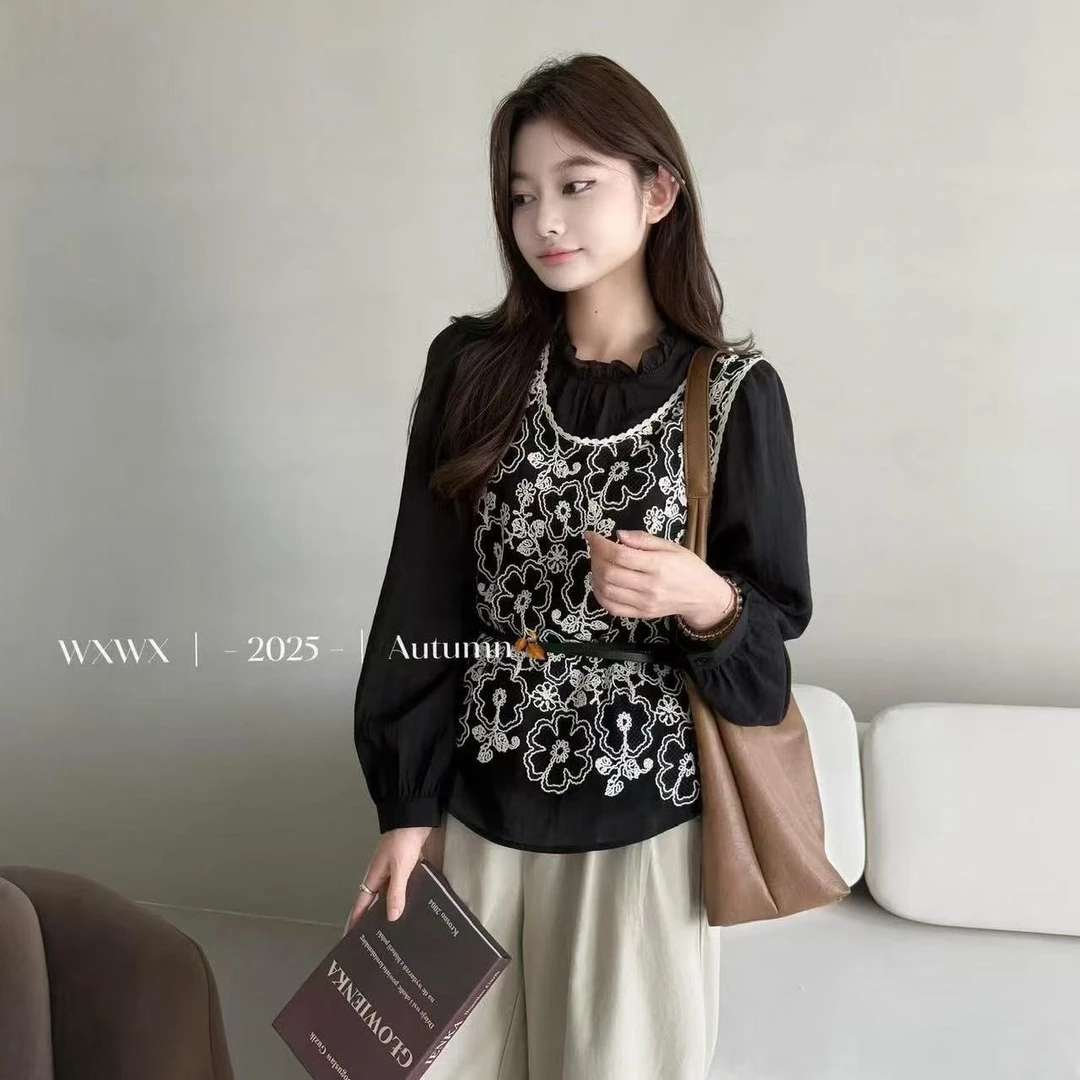 918/352 时尚撞色提花刺绣两件套衬衫马甲女复古