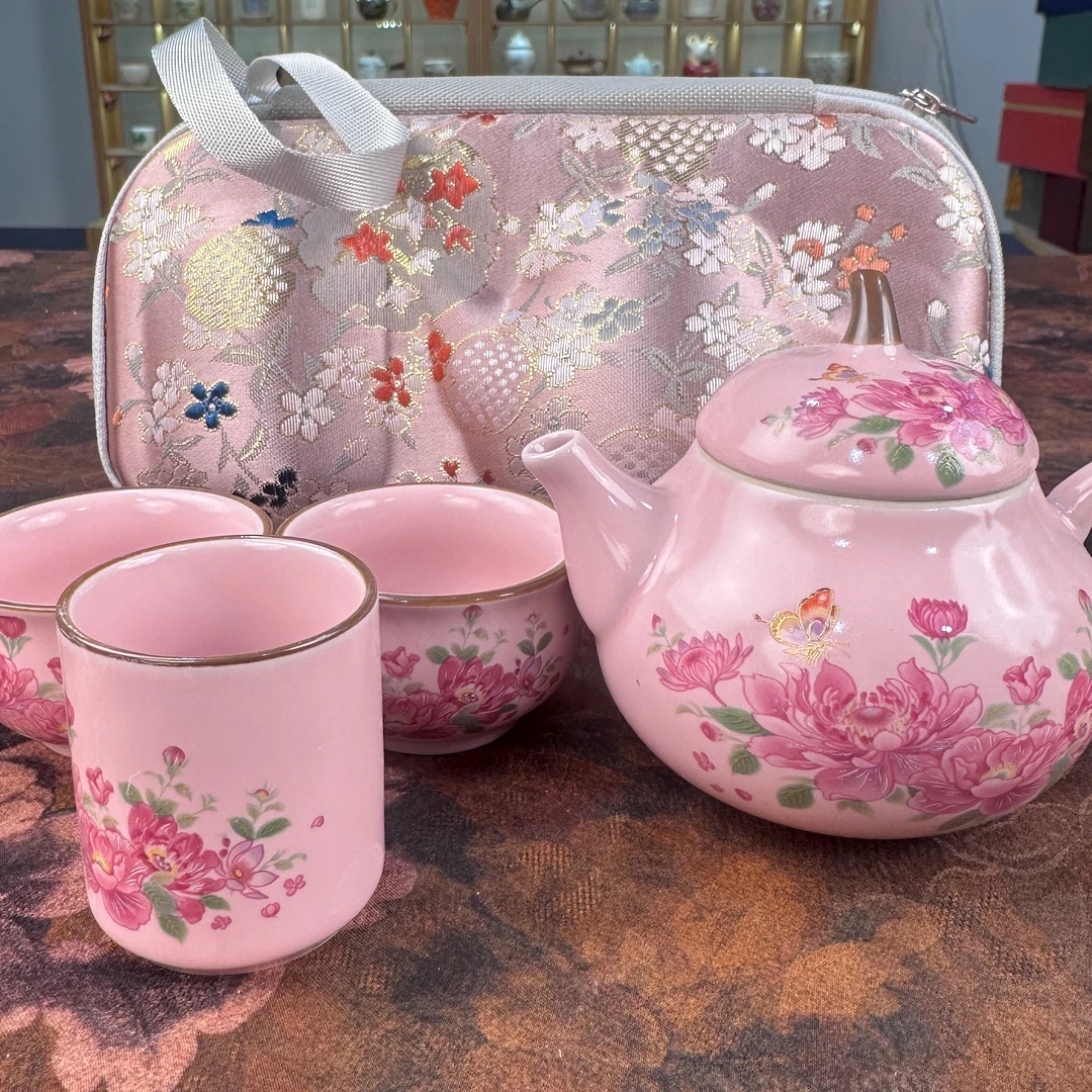 （壶+3杯+包）满彩国色天香牡丹旅行茶具w2591