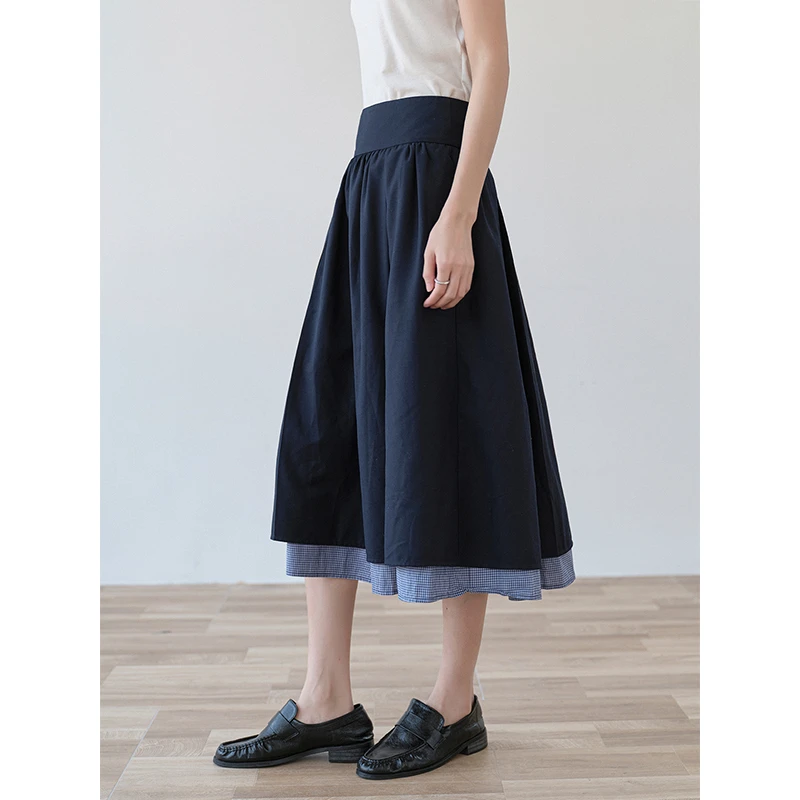 素典【春不眠】复古格子拼接半身裙高腰休闲A字百搭中长款裙3631