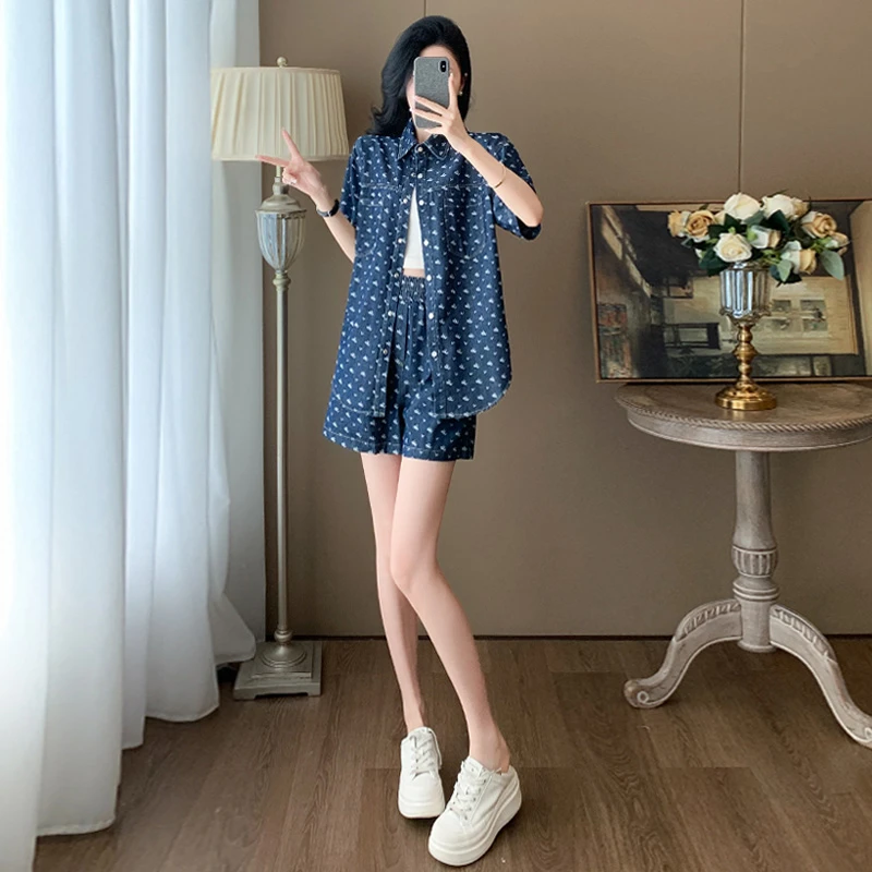 高级感短裤时尚休闲套装夏季新款洋气网红蓝色短袖短裤显瘦两件套