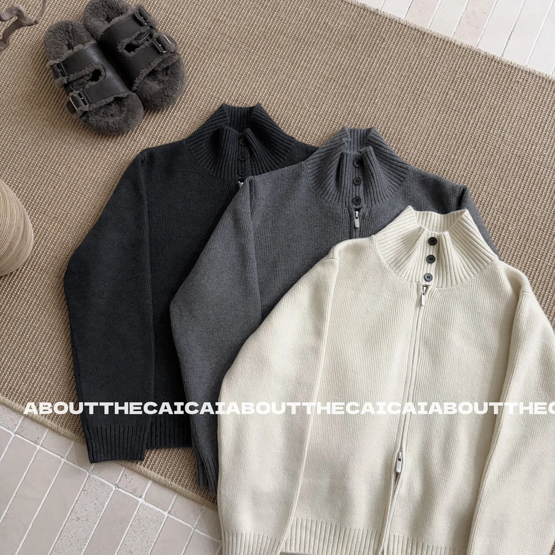 CAICAI冬季重磅立领双拉链开衫毛衣女韩系简约慵懒感保暖针织2673