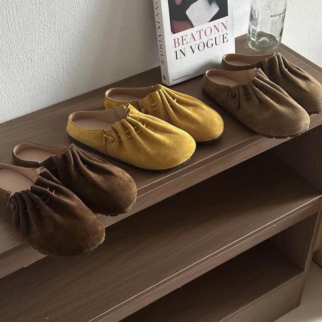 洛丽塔风修面皮平底包头包头拖ins半拖宝宝圆头韩版法式夏季