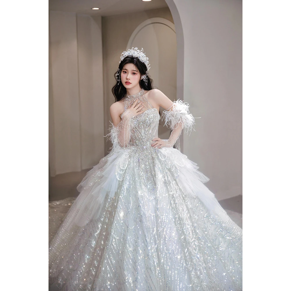 法式挂脖婚纱礼服2024新款新娘高级质感在逃公主高端出门主纱女