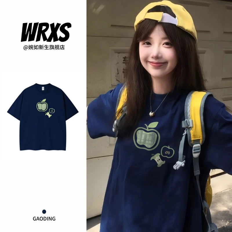 【婉如新生】美式潮流个性苹果印花纯棉短袖t恤夏季男女休闲情侣装