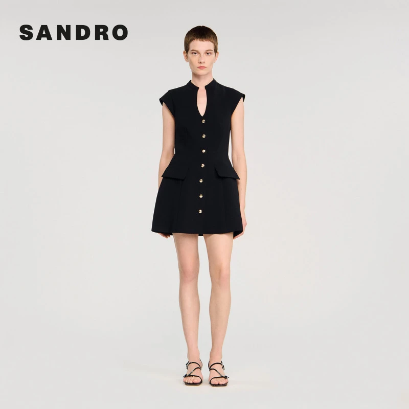SANDRO2025秋冬新款女装经典黑色无袖深V领收腰连衣裙SFPRO04498