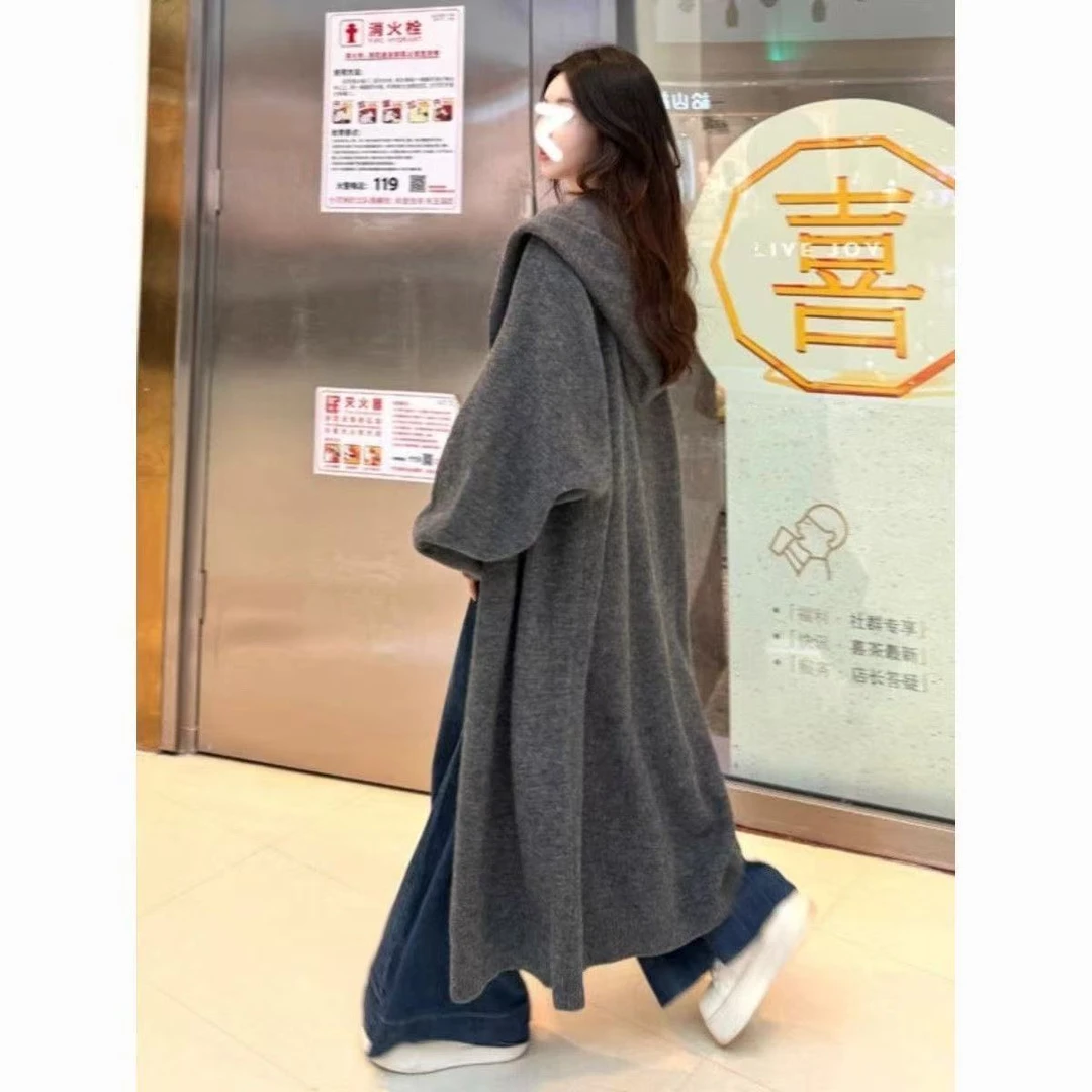 【原版正版】2025春款过膝长款针织衫开衫外套纯色宽松慵懒风大衣