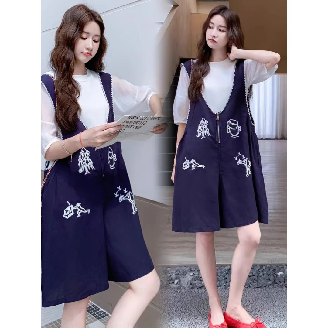 孕妇装时尚刺绣背带裤搭圆领上衣显瘦两件套装大码洋气休闲夏季