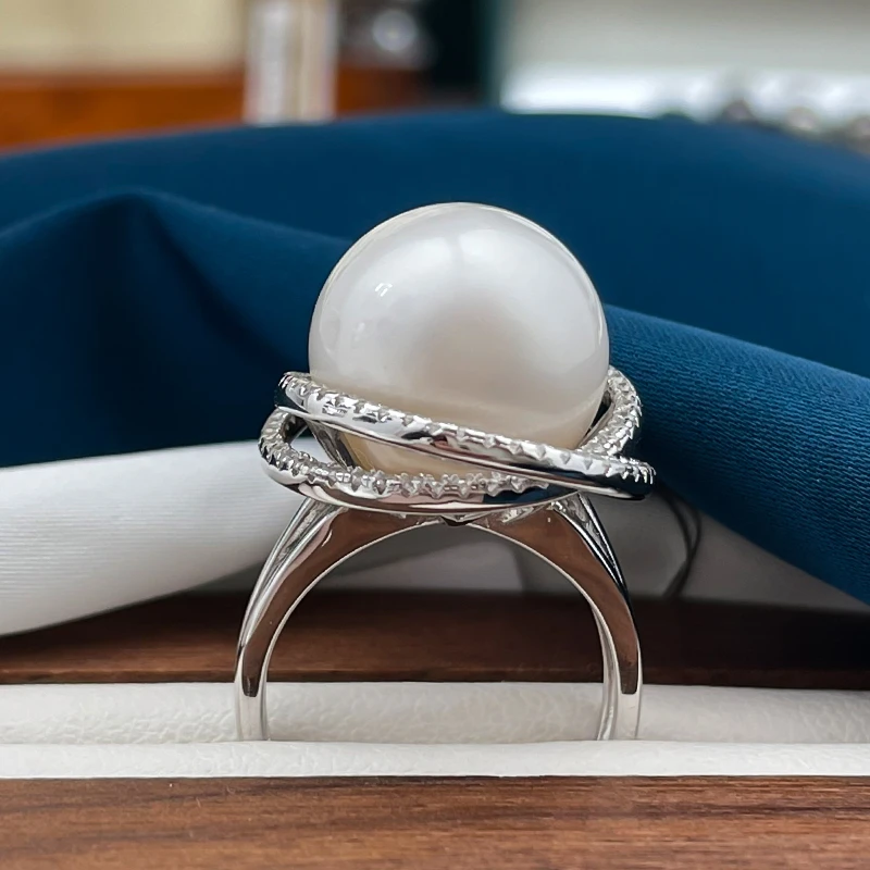 14-15mm鸟巢款南洋澳白海水珍珠戒指925银开口戒圈大气多样性发一