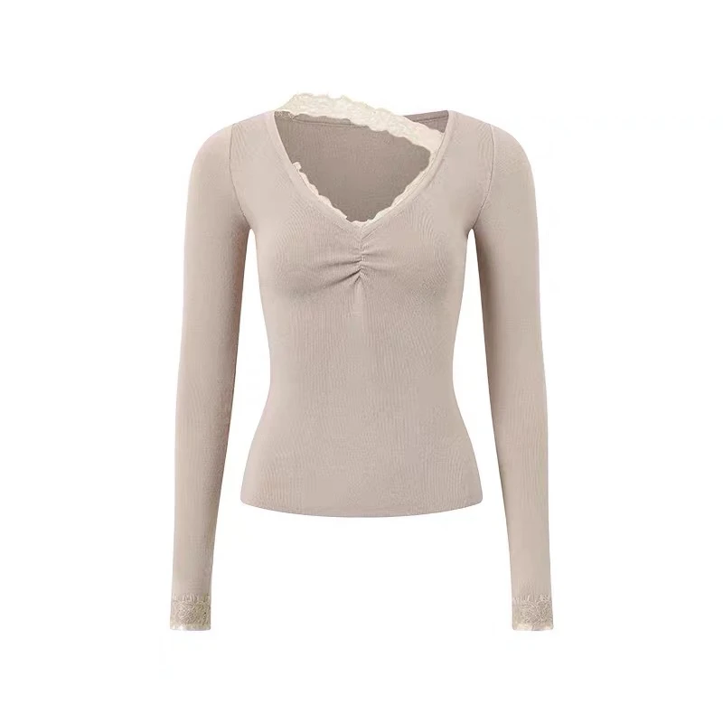 CNLEEWEI 深V拼接蕾丝毛织上衣打底