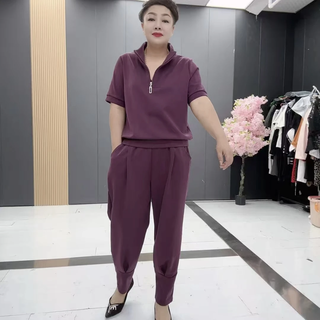 2510*大码时尚减龄百搭宽松休闲减龄短袖假两件上衣+老爹裤子套装