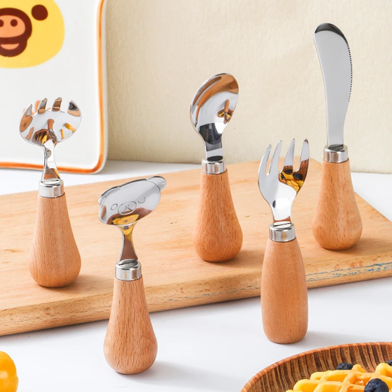 小熊木柄可立叉勺便携餐具儿童304不锈钢宝宝可爱叉勺盒装饭勺子