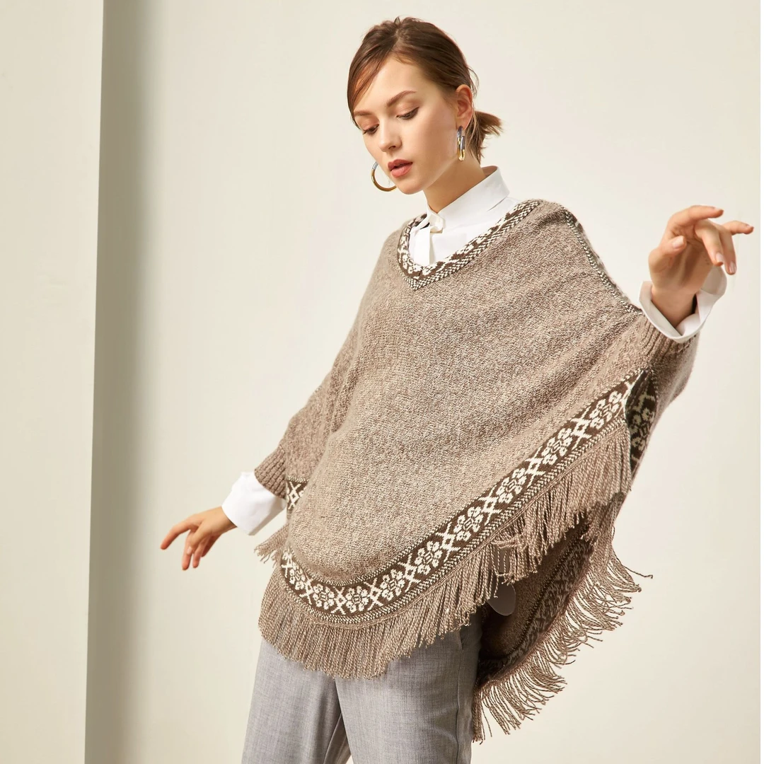 等风来100山羊绒V领重工流速女士羊绒披肩斗篷302257