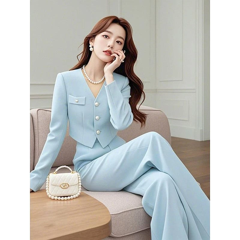 秋季新款女装套装轻奢高级感女人味小众蓝色短款外套阔腿裤两件套