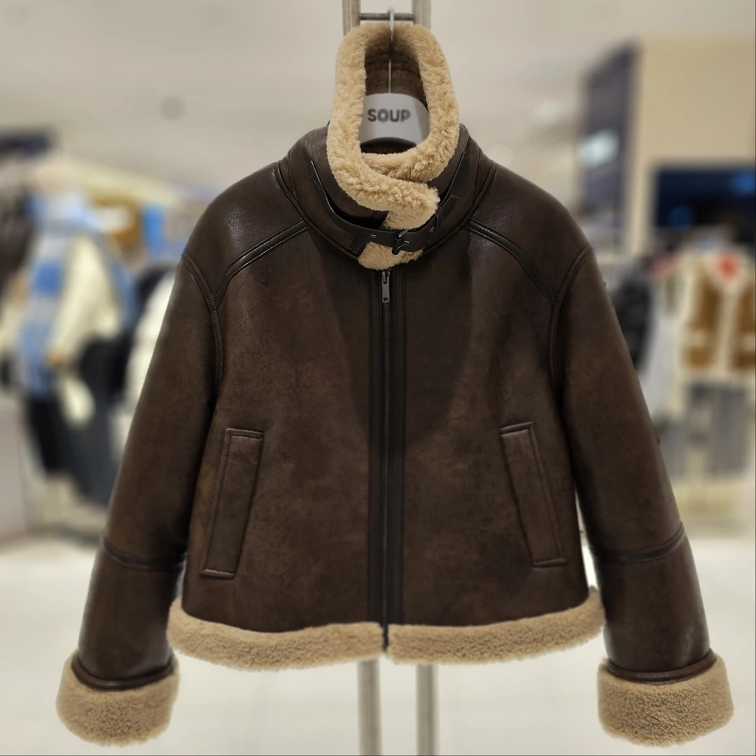 숲 soup短款冬季修身型皮衣机车冬款外套时尚外套保暖SBBMU30