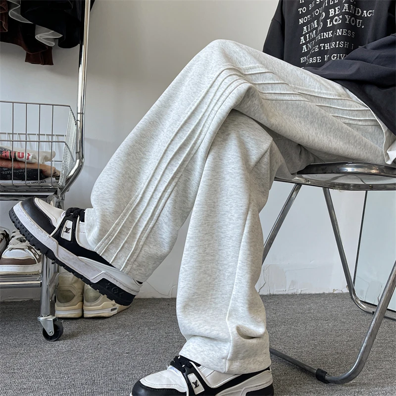 美式褶皱条纹运动卫裤男潮牌新款宽松百搭cleanfit直筒休闲长裤子