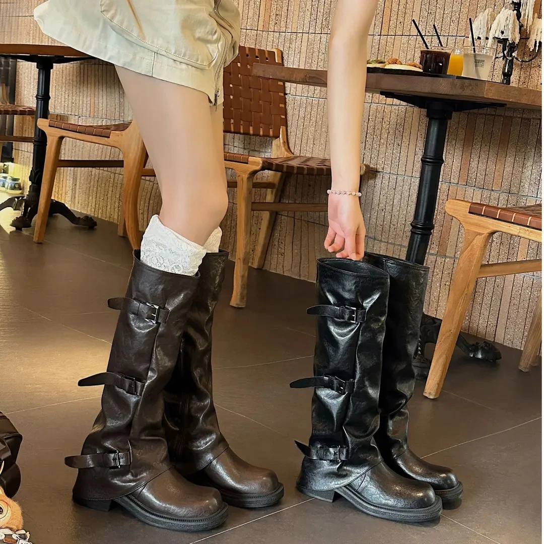 粗跟裤管靴骑士靴中长筒马丁靴堆堆靴