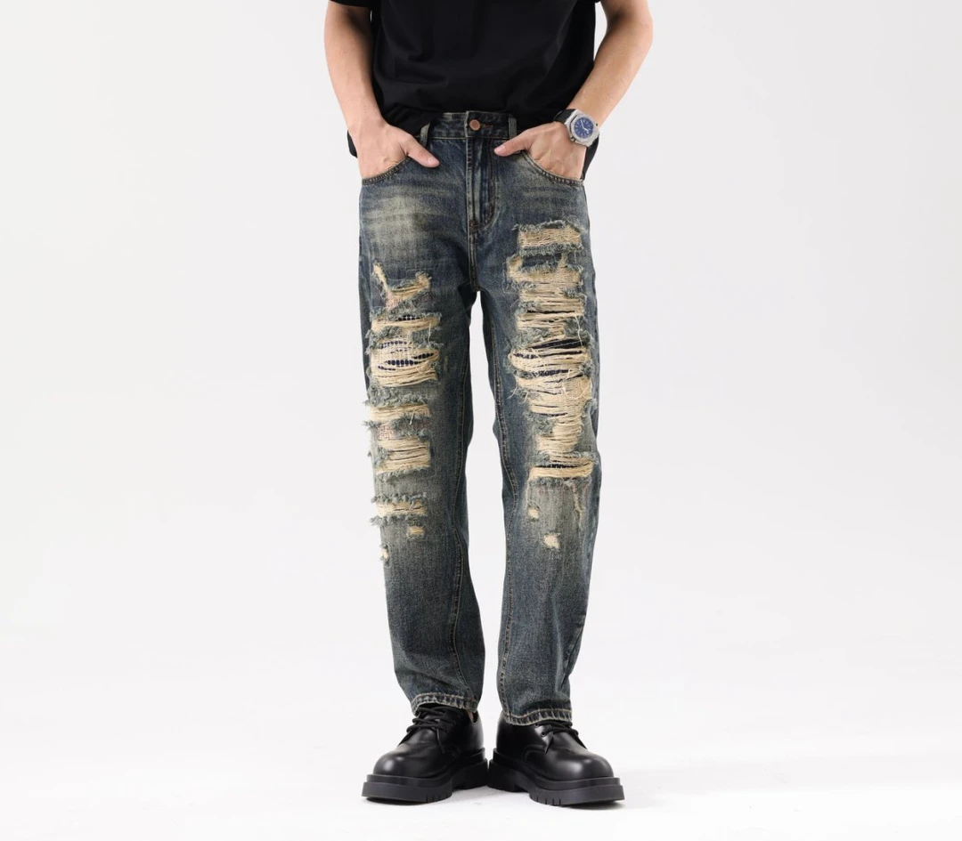 【微锥版】秋冬新品美式复古潮牌水洗时尚破洞直筒牛仔裤