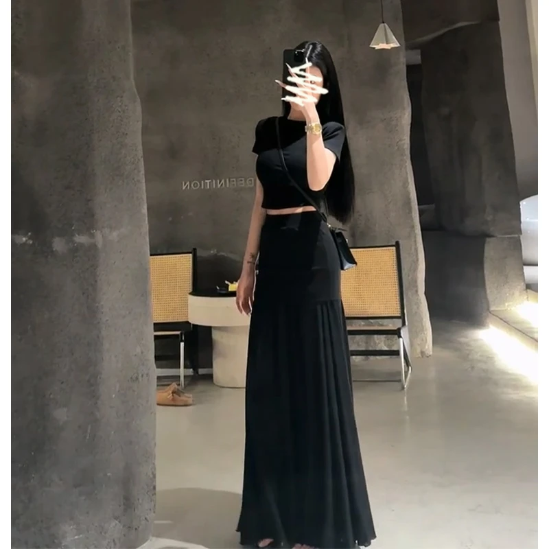 A1562#夏季高级感短款圆领百搭T恤上衣气质高腰包臀褶皱半身裙