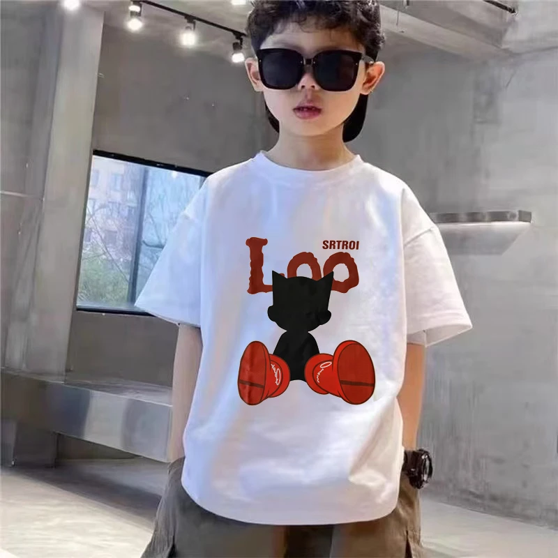 卡通红靴猫咪~男童夏季新款卡通撞色百搭时髦设计亲子短袖T恤9256