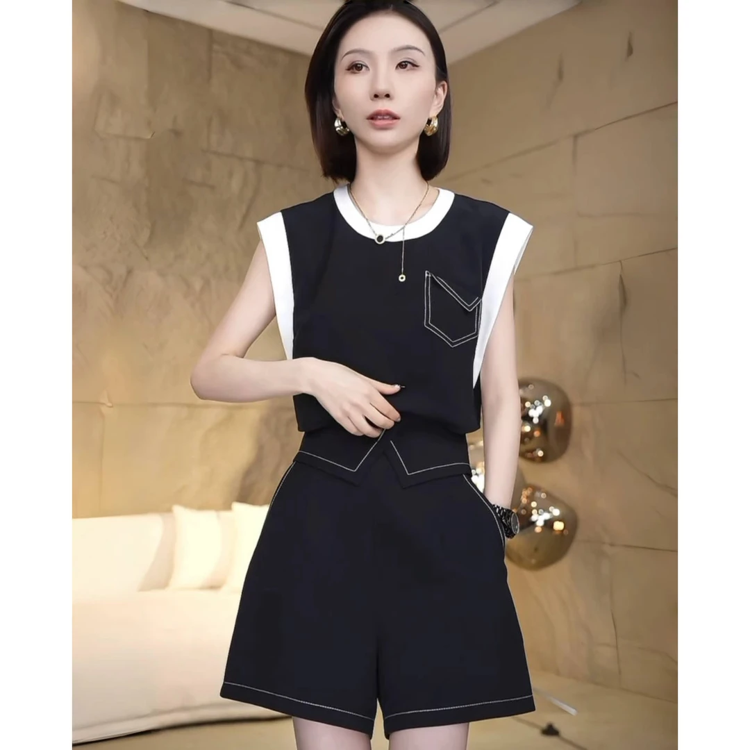 A【两件套】今年流行的夏装套装女2025新款无袖上衣短裤两件套D1902