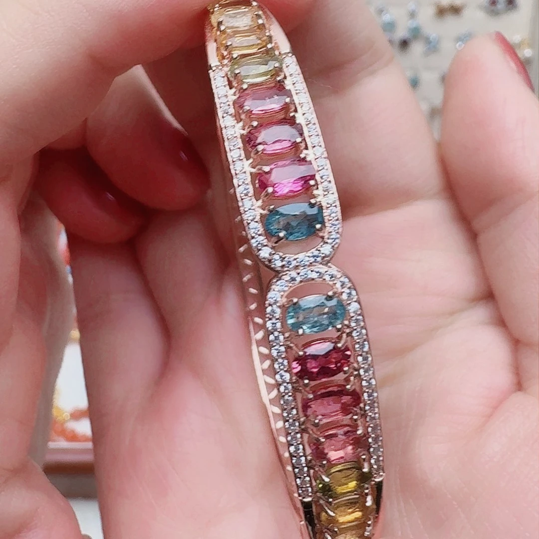 碧玺手镯银S925镶嵌手镯