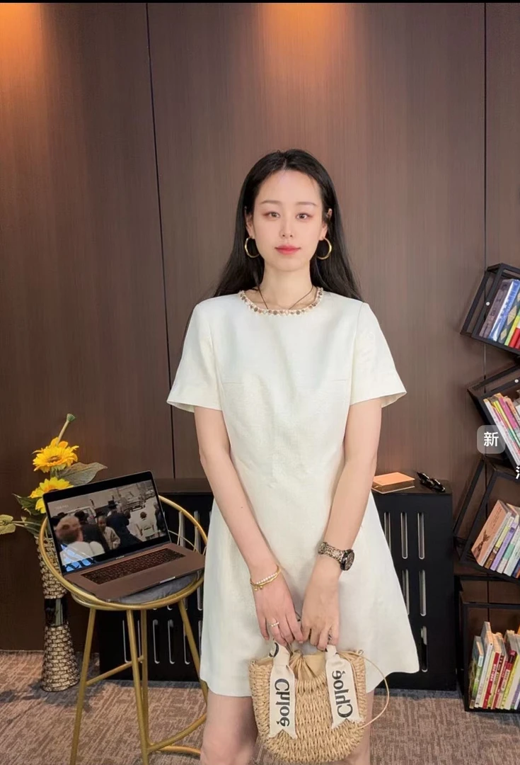 夏季高级感彩色钉珠金丝亚麻气质连衣裙百搭显瘦韩版时尚小香风