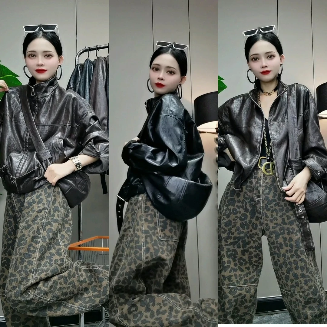 582#秋季新款休闲百搭复古立领腰带质感pu皮衣外套女夹克配包包