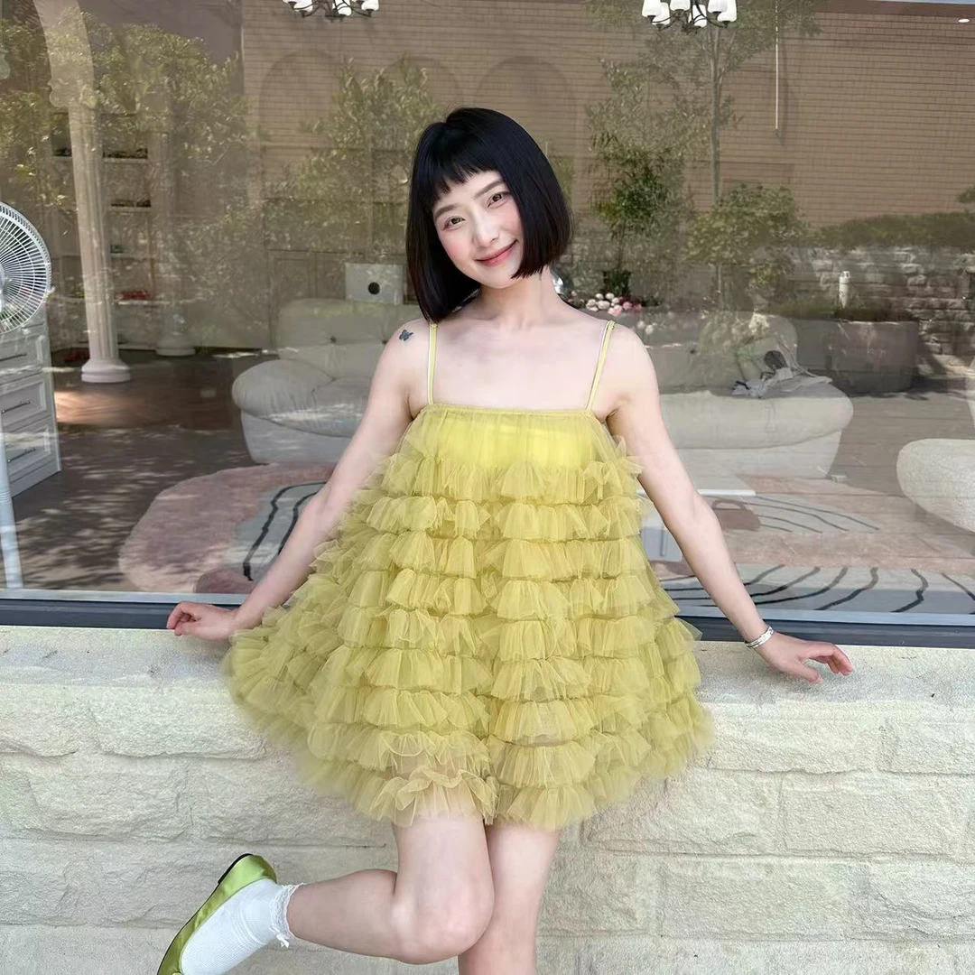 wyd小樱桃 【草绿】 韩系吊带重工多层蛋糕纱裙连衣裙